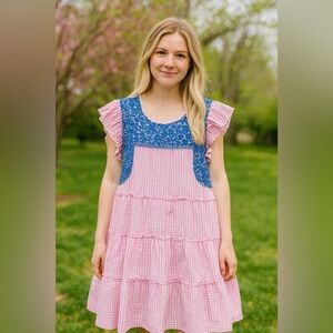 J Marie Pink Gingham Ruffle Tiered Cotton Mini Dress with Blue Embroidery